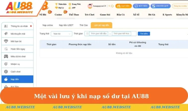 Một vài lưu ý khi nạp số dư tại AU88